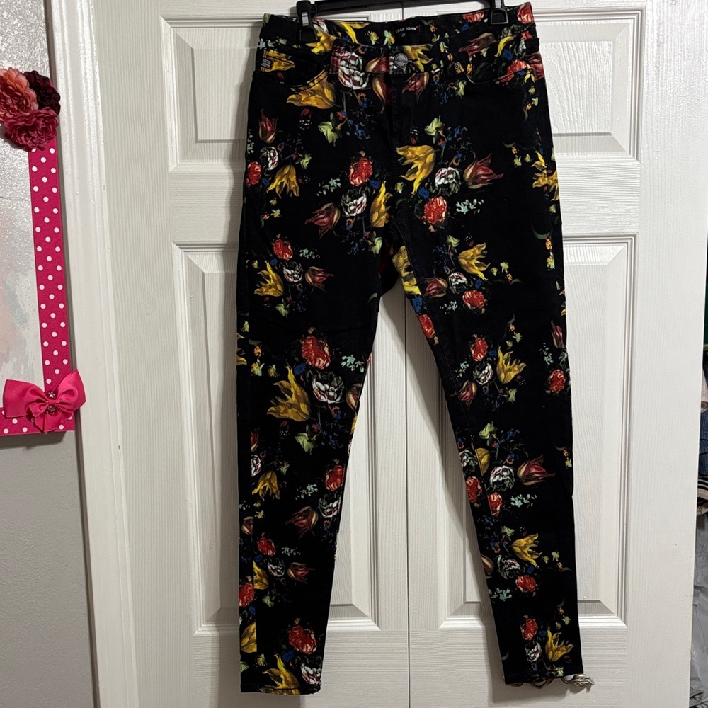 Dear John Black Floral Print Jeans with Multi-Color Blooms Like New